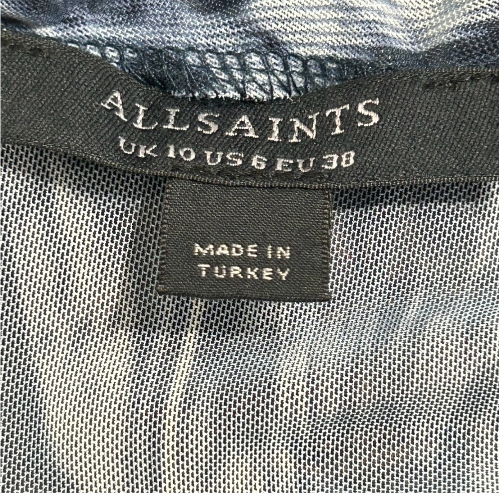 ALLSAINTS Blue Mesh Top 6, Long Sleeve High Neck W/Cross Design And Ruffle Sides - Picture 6 of 9